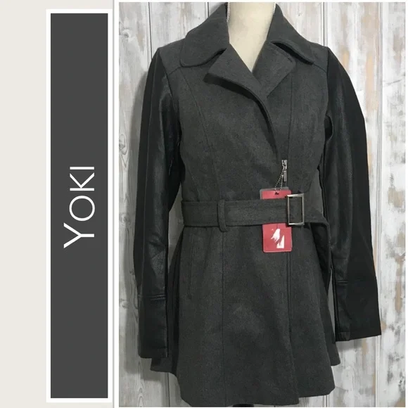 Yoki Mid-Length Coat Charcoal Body & Belt, Black Leather Sleeves Size XL NWT - Picture 7 of 7